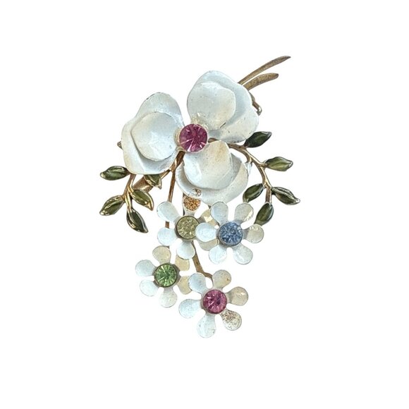 Vintage Floral Enamel Brooch White Flower Rhinestone Bouquet Pin Jewelry - Picture 1 of 16